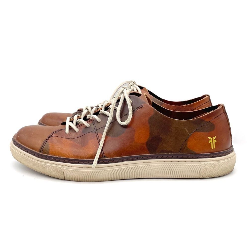 Frye Essex Sneakers Men’s Size 9.5 Camo Brown Leather Low Top Rawhide Lace Shoes
